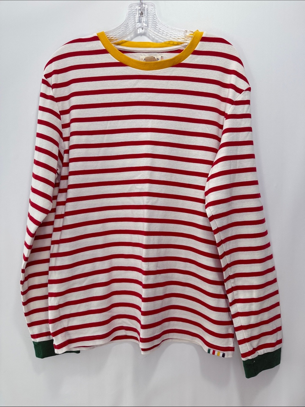 Hudson Bay Stripes Red White Striped Long Sleeve Tee with Yellow Trim Unisex L